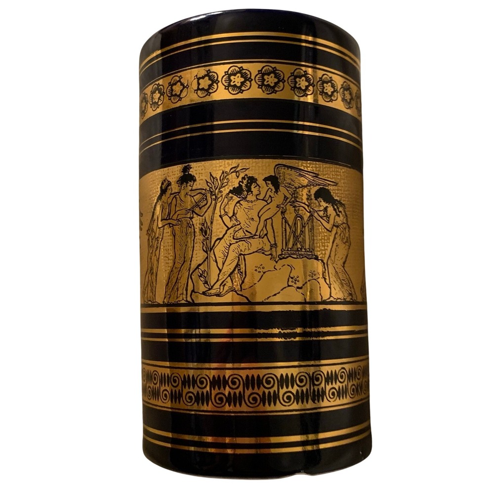 Vintage Neofitoy Keramik Greece 24K Gold Black Greek Figures Vase 4.5"